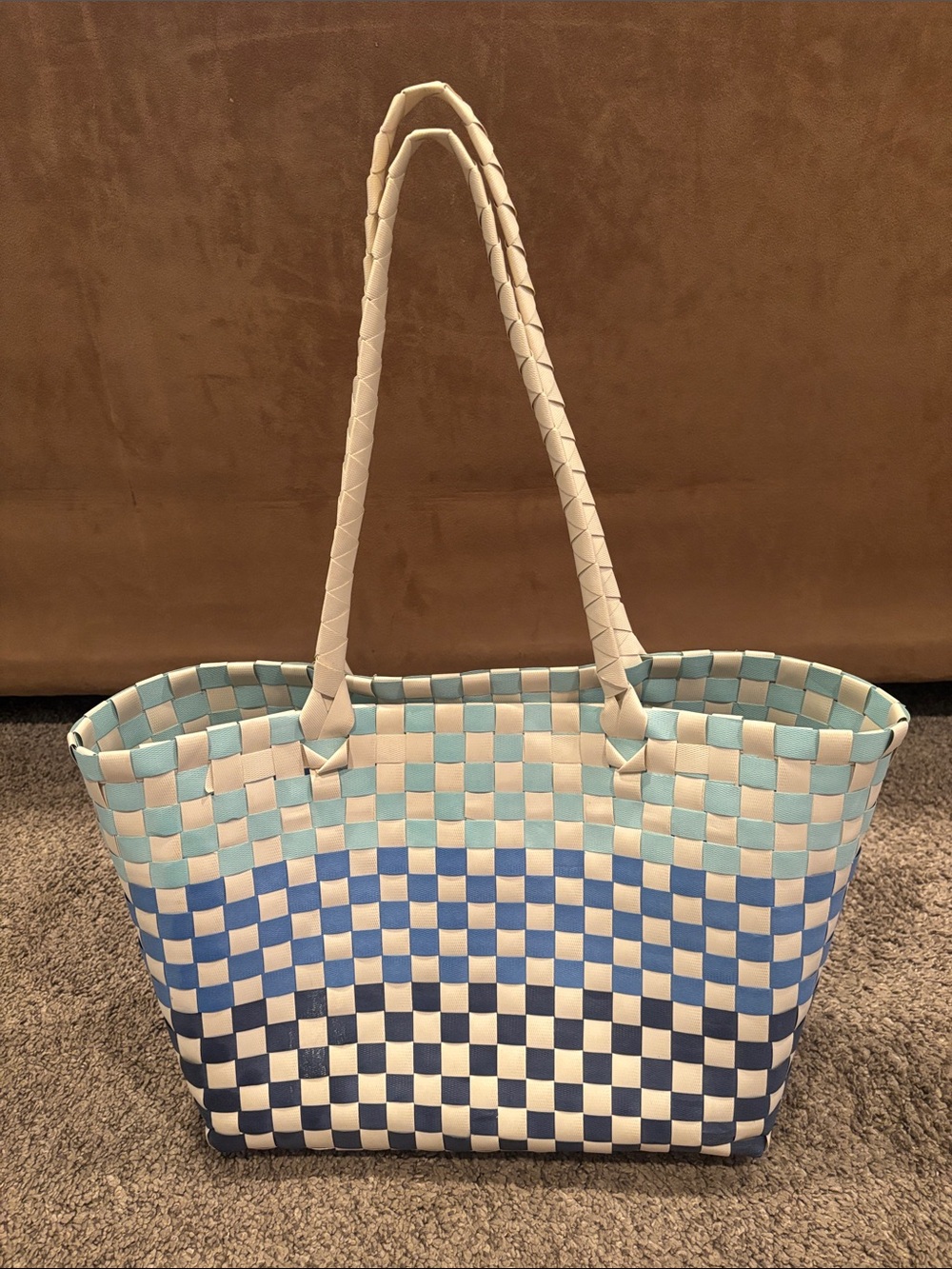 Woven Checkerboard Tote Bag in White and Blue